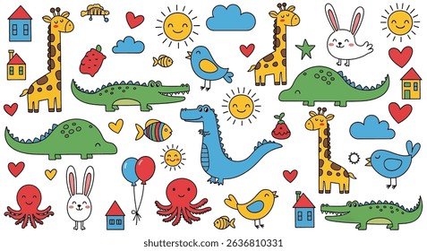 Adorable hand-drawn doodle set of playful animals: giraffes, dinosaurs, alligators, rabbits, birds, and an octopus, along with suns, clouds, houses. Ideal for kids' designs