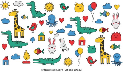 Adorable hand-drawn doodle set of playful animals: giraffes, dinosaurs, alligators, rabbits, birds, and an octopus, along with suns, clouds, houses. Ideal for kids' designs