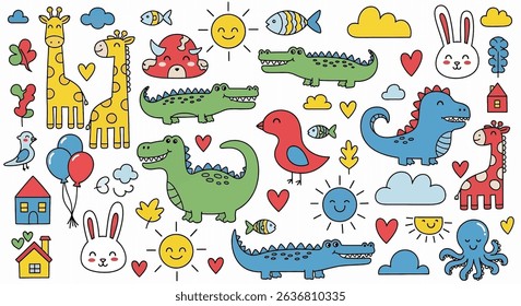 Adorable hand-drawn doodle set of playful animals: giraffes, dinosaurs, alligators, rabbits, birds, and an octopus, along with suns, clouds, houses. Ideal for kids' designs