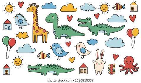 Adorable hand-drawn doodle set of playful animals: giraffes, dinosaurs, alligators, rabbits, birds, and an octopus, along with suns, clouds, houses. Ideal for kids' designs