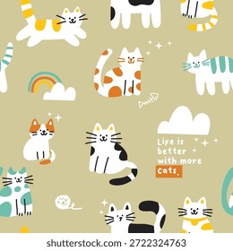 Adorable Colección de Ilustraciones de gato plano dibujado a mano 