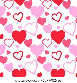 Adorable hand-drawn heart seamless pattern. Charming backdrop, ideal for Valentine's Day and other romantic occasions. Suitable for textiles, wrapping paper, wallpapers, and banners. Vector artwork