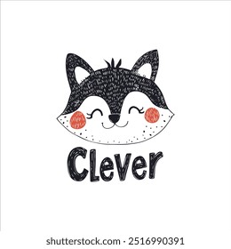 Adorable hand-drawn illustration of a smiling fox face with rosy cheeks and the word 'Clever' underneath, perfect for children's designs and playful artwork