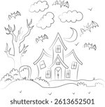 Adorable hand-drawn illustration of a spooky Halloween house, bats flying around, a crescent moon, and a graveyard. Perfect for coloring pages, kids' books, or Halloween-themed designs.