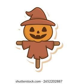 Adorable hand-drawn kawaii scarecrow in soft autumn pastel colors.