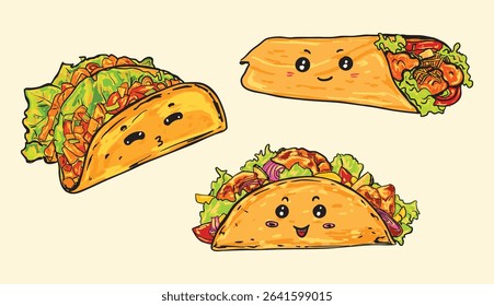 Adorable hand-drawn kawaii taco and burrito illustration set with smiling faces and vibrant fillings. Perfect for kids' designs, menus, stickers, and fun Mexican food-themed projects.