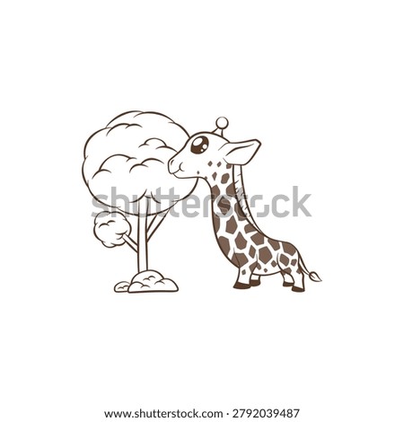 An adorable hand-drawn style vector illustration of a cartoon giraffe reaching for leaves on a tree. Perfect for kids projects, coloring books, and stickers.