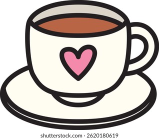 Adorable hand-drawn teacup with a saucer and pink heart detail. Perfect for cozy, romantic, or Valentine’s Day-themed designs.