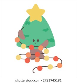 Personagem de árvore desenhada à mão adorável decorando-se com luzes coloridas da corda de Natal e vetor de topo da estrela
