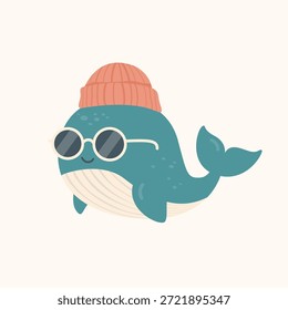 Um adorável vetor desenhado à mão de uma baleia fresca usando óculos escuros e um gorro rosa. Perfeito para arte de parede de jardim de infância, vestuário infantil e adesivos divertidos