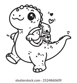 Adorable hand-drawn vector illustration of a cute baby dinosaur carrying a student bag. Perfect doodle design for kids, isolated for easy use in projects.
