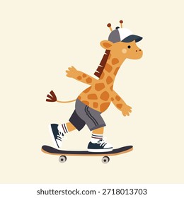 An adorable hand-drawn vector illustration of a giraffe skateboarding, wearing a cool baseball cap and sneakers. Perfect for wall art, children apparel, nursery posters, and fun stickers
