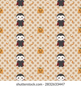 Adorable hand-drawn vector seamless pattern featuring friendly cartoon vampires, jack-o'-lantern pumpkins and candy corn on a soft beige geometric background. This artwork is NOT created by AI — original human-made design. Playful child-friendly Halloween design ideal for textiles, decor, party supplies, stationery and seasonal crafts.