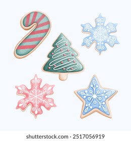 Adorable hand-drawn watercolor gingerbread cookies in various shapes like stars, trees, and candy canes. These cute illustrations are perfect for adding a festive touch to holiday-themed projects.