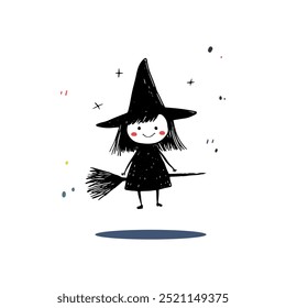 Adorable hand-drawn witch in a black dress and hat, holding a broom. Perfect for Halloween themes, kids' products, and playful designs.