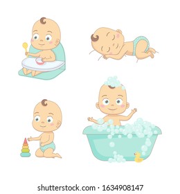 Adorable happy baby and his daily routine. Care about infant baby. Set of baby characters.