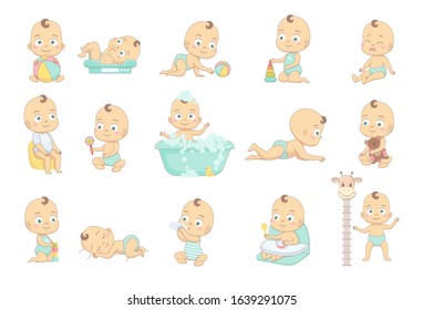 Adorable happy baby and his daily routine. Care about infant baby. Set of baby characters.