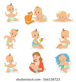 Adorable Happy Baby And His Daily Routine Set Of Cute Cartoon Infancy And Infant Illustrations