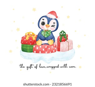 Adorable happy baby penguin sits on a stack of wrapped present boxes, bringing joy and festive cheer. Perfect for Christmas cards and decorations