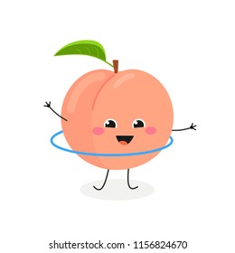 Adorable happy cartoon peach playing hula hoop. Vector flat illustration isolated on white background 