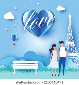 Adorable happy couple dating heart shaped paper cut Eiffel Tower with love message design in large hearts for Valentine's Day festival. love blue background Vector illustration