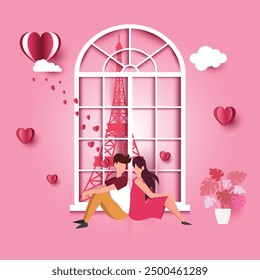 Adorable happy couple dating heart shaped paper cut Eiffel Tower with love message design in large circle for Valentine's Day festival. love pink background Vector illustration