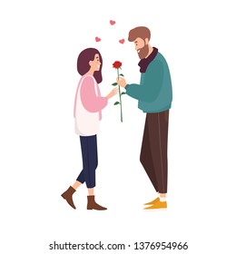 Adorable happy couple in love on romantic date. Cute smiling boy giving rose flower to girl. Young man and woman met through online dating application or website. Flat cartoon vector illustration.