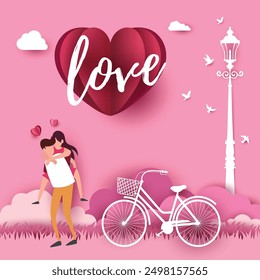 Adorable happy couple riding on back in beautiful atmosphere, red heart paper cut with love message design for Valentine's Day festival. love pink background Vector illustration