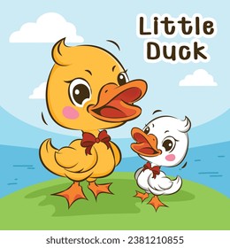 Adorable Happy Duck Premium Postcard Doodle Cartoon Vector Illustration