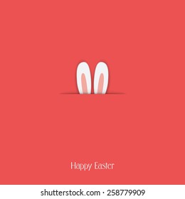 Adorable Happy Easter postcard template with bunny hiding and ears sticking out. Cartoon childish drawing isolated on background. Eps10 vector illustration