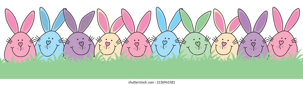 adorable happy easter rabbit bunny family in a row pastel-coloured cartoon doodle background wallpaper cover banner