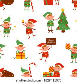 Adorable happy elves in festive costumes seamless pattern. Cute Santa helpers with Christmas gifts and decorations vector flat illustration. Colorful winter seasonal holiday wallpaper template