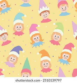 Adorable happy elves in festive costumes, Cute Santa helpers with Christmas gifts and decorations vector flat illustration. Colorful winter seasonal holiday elf vector seamless pattern.