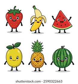 Adorable Happy Fruit Characters Fun Strawberry Watermelon Pineapple Art

