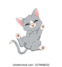 Adorable happy grey cat lying belly up. Cute kitty resting in relaxed pose. Lazy sweet kitten lying on back. Vector illustration of calm animal isolated on white background.