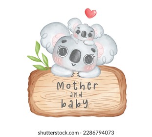 Adorable happy Koala baby and mother head hanging on wooden sign board , Happy mother's day whimsical nursery watercolour animal cartoon hand painting.