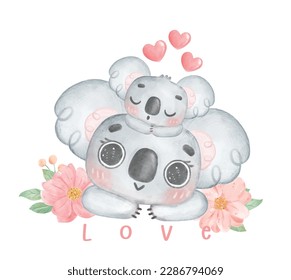 Adorable happy Koala baby sleeping on mother head, Happy mother's day whimsical nursery watercolour animal cartoon hand painting.