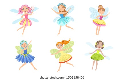 Adorable Happy Little Fairies Set, Smiling Beautiful Girls in Fairy or Elf Costumes Vector Illustration