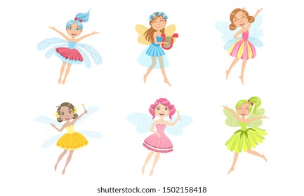 Adorable Happy Little Fairies Set, Smiling Beautiful Girls in Colorful Fairy or Elf Costumes Vector Illustration