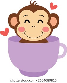 Adorável macaco feliz em uma xícara de chá roxa
