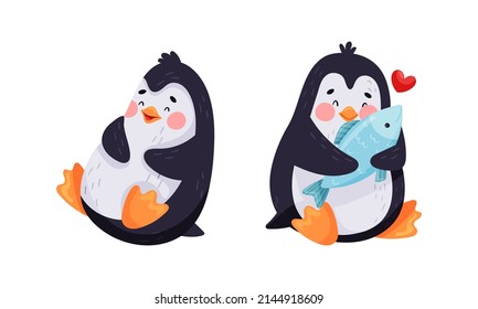 Adorable happy penguin characters set cartoon vector illustration