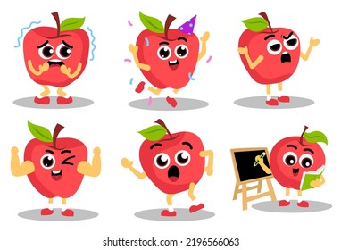 Adorable happy red apple flat vector illustration,emoji cute apples