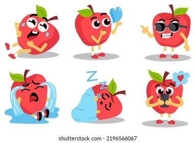 Adorable happy red apple flat vector illustration,emoji cute apples