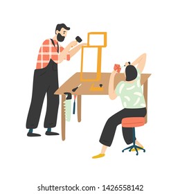 Adorable happy romantic couple creating or repairing furniture. Cute funny man and woman enjoying their hobby together. Pair of people woodworking. Flat cartoon colorful vector illustration.