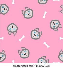 Adorable happy Siberian husky with bones seamless pattern. Cute malamute puppy faces on pink background flat vector illustration. Cartoon doggy heads icons. Comics puppies background. Wrapping paper