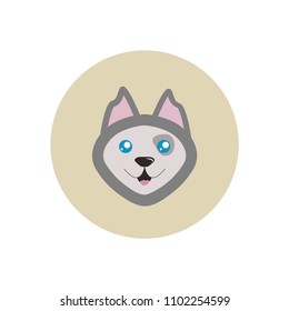 Adorable happy Siberian Husky puppy face on beige background isolated. Smiling husky canine flat vector illustration. Cute dog with blue eyes and pink tongue. Domestic animals symbol. Loyal friend