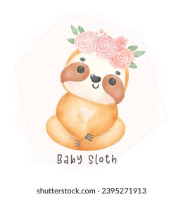 Adorable happy smile baby sloth sitting cartoon watercolor nursery Illustration