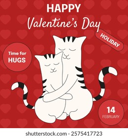 Adorable Happy Valentine's Day Poster cover template design. Perfect Valentine brochure with cute Whimsical cats. Love vector theme. EPS 10