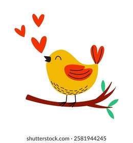 An adorable happy yellow bird is perched on a branch surrounded by lovely love hearts