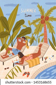 Adorable happy young man and woman lying on sun loungers, sunbathing and reading books and magazines beside outdoor swimming pool. Summer vacation at tropical resort. Flat cartoon vector illustration.